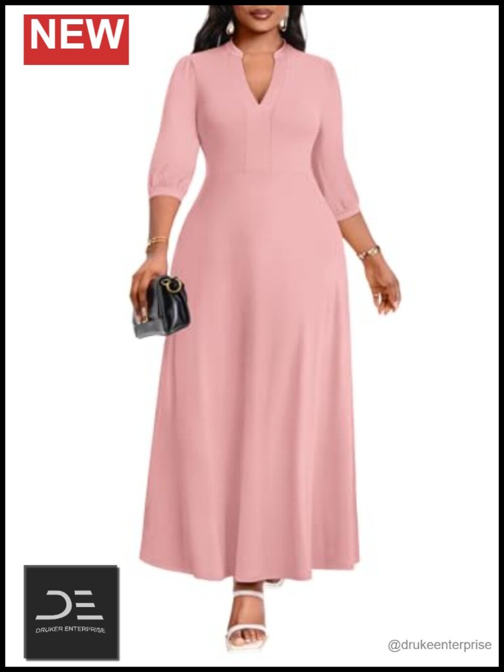 Maxi Dress 3/4 Sleeve V-Neck A-Line Cocktail Wedding Guest